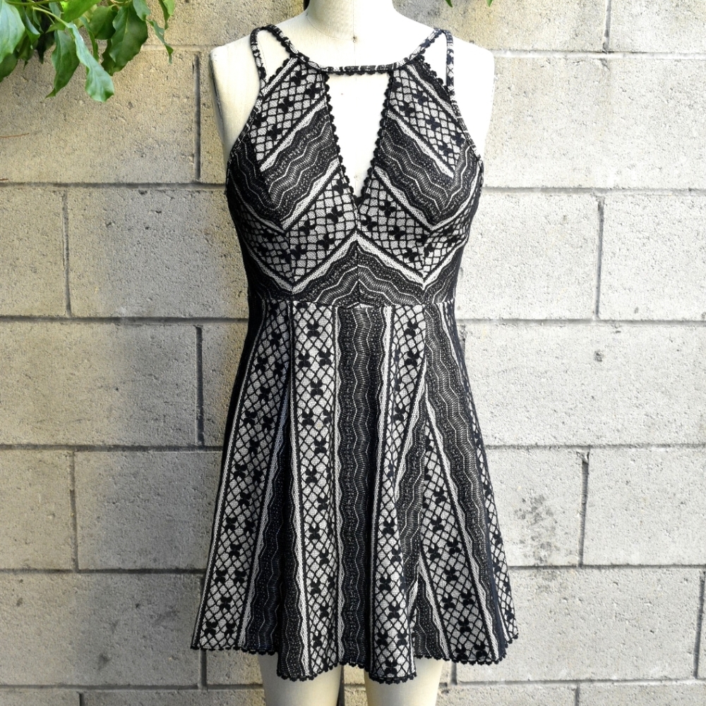Free People black white lace cutout skater dress M